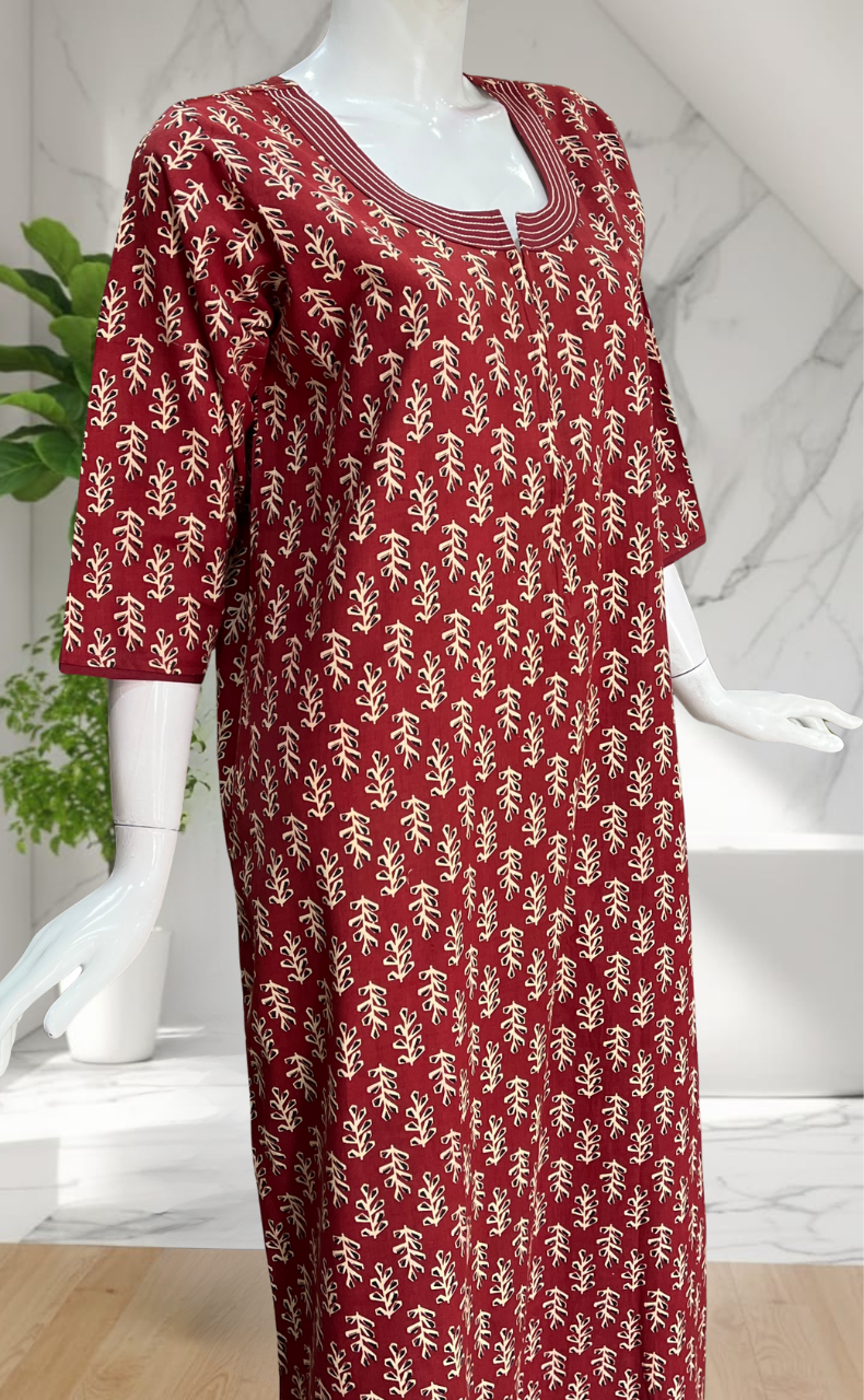 Maroon Leafy Pure Cotton Long Sleeve Nighty. Pure Durable Cotton | Laces and Frills