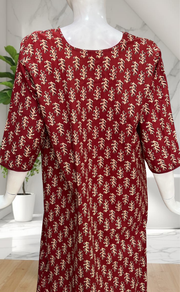 Maroon Leafy Pure Cotton Long Sleeve Nighty. Pure Durable Cotton | Laces and Frills