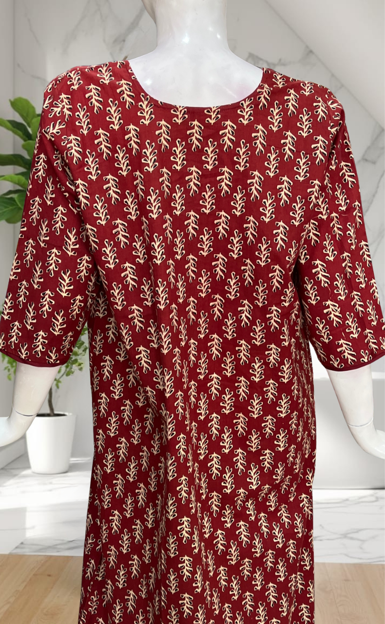 Maroon Leafy Pure Cotton Long Sleeve Nighty. Pure Durable Cotton | Laces and Frills
