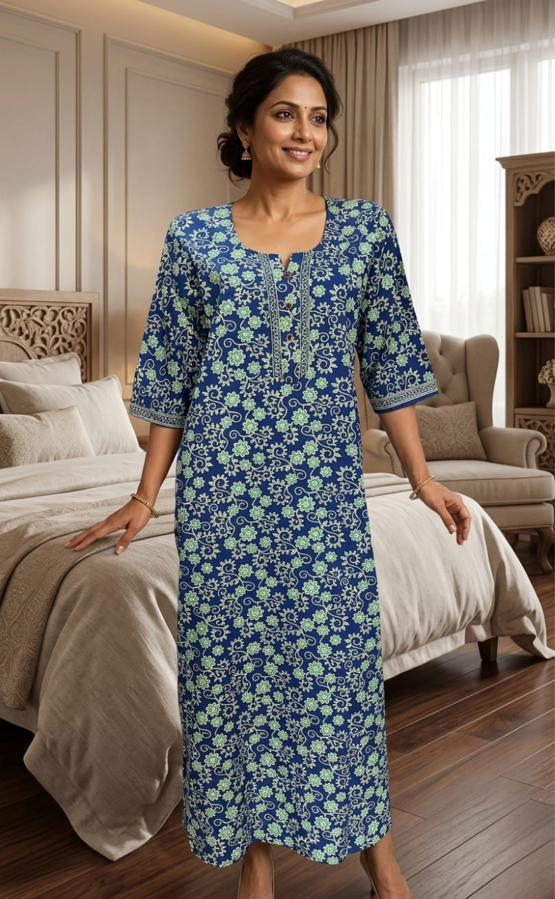 Blue Garden Pure Cotton Long Sleeve Nighty. Pure Durable Cotton | Laces and Frills