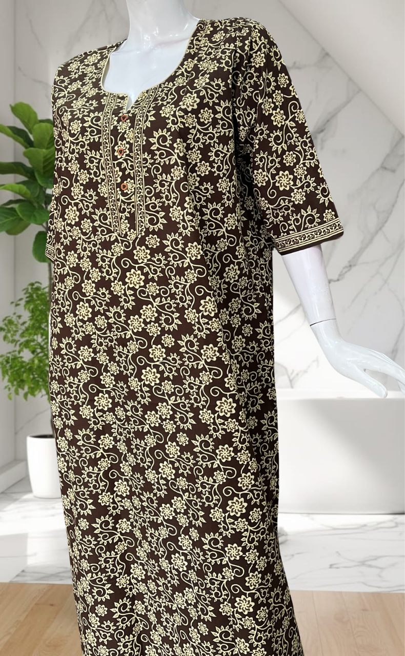 Mehndi Green Pure Cotton Long Sleeve Nighty. Pure Durable Cotton | Laces and Frills