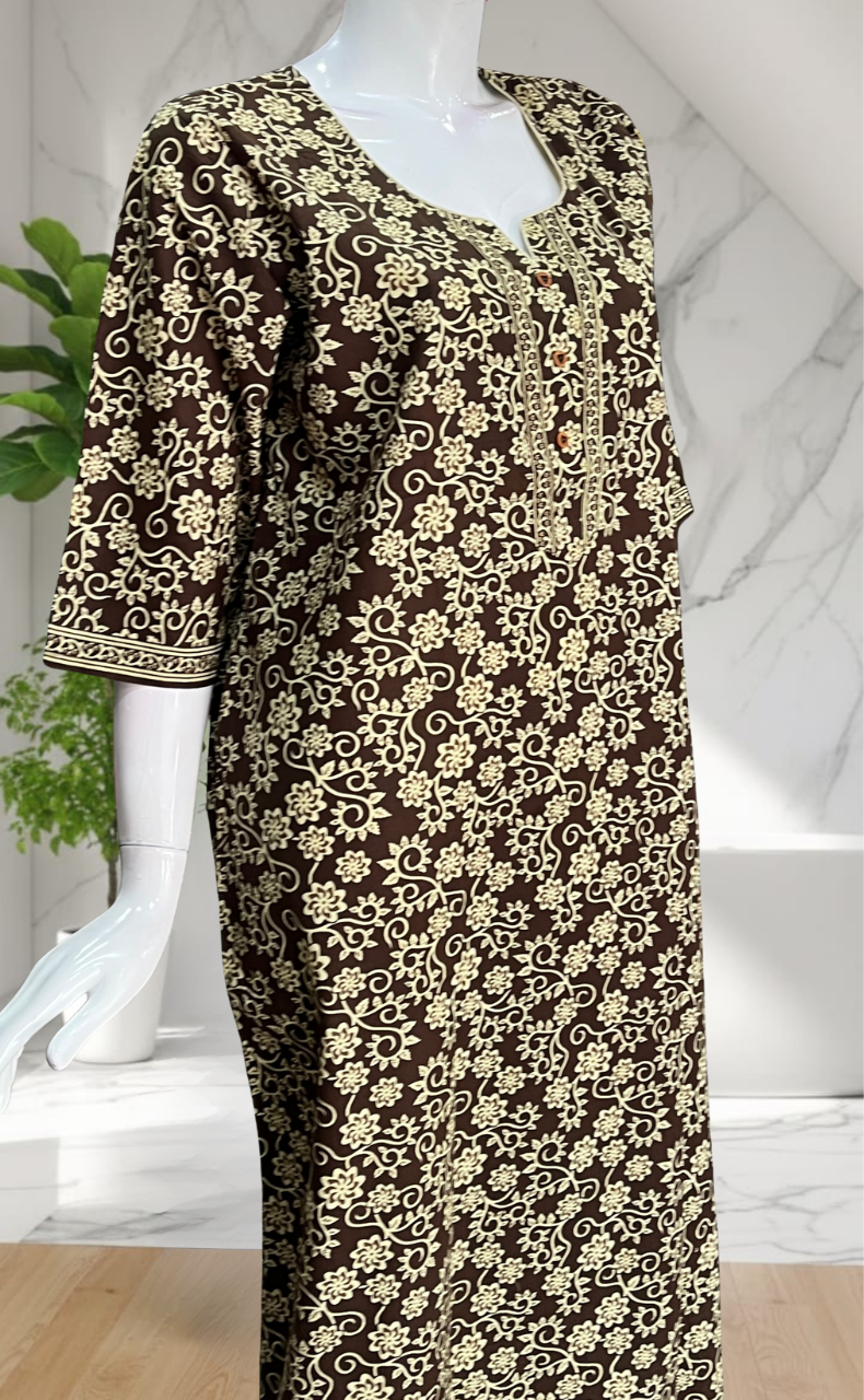 Mehndi Green Pure Cotton Long Sleeve Nighty. Pure Durable Cotton | Laces and Frills