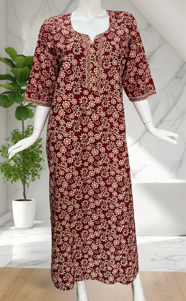Maroon Garden Pure Cotton Long Sleeve Nighty. Pure Durable Cotton | Laces and Frills