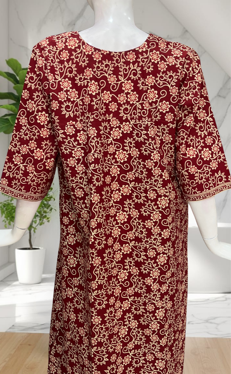Maroon Garden Pure Cotton Long Sleeve Nighty. Pure Durable Cotton | Laces and Frills
