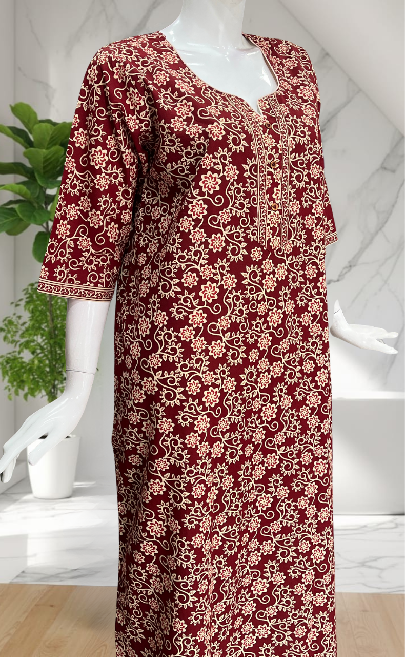 Maroon Garden Pure Cotton Long Sleeve Nighty. Pure Durable Cotton | Laces and Frills