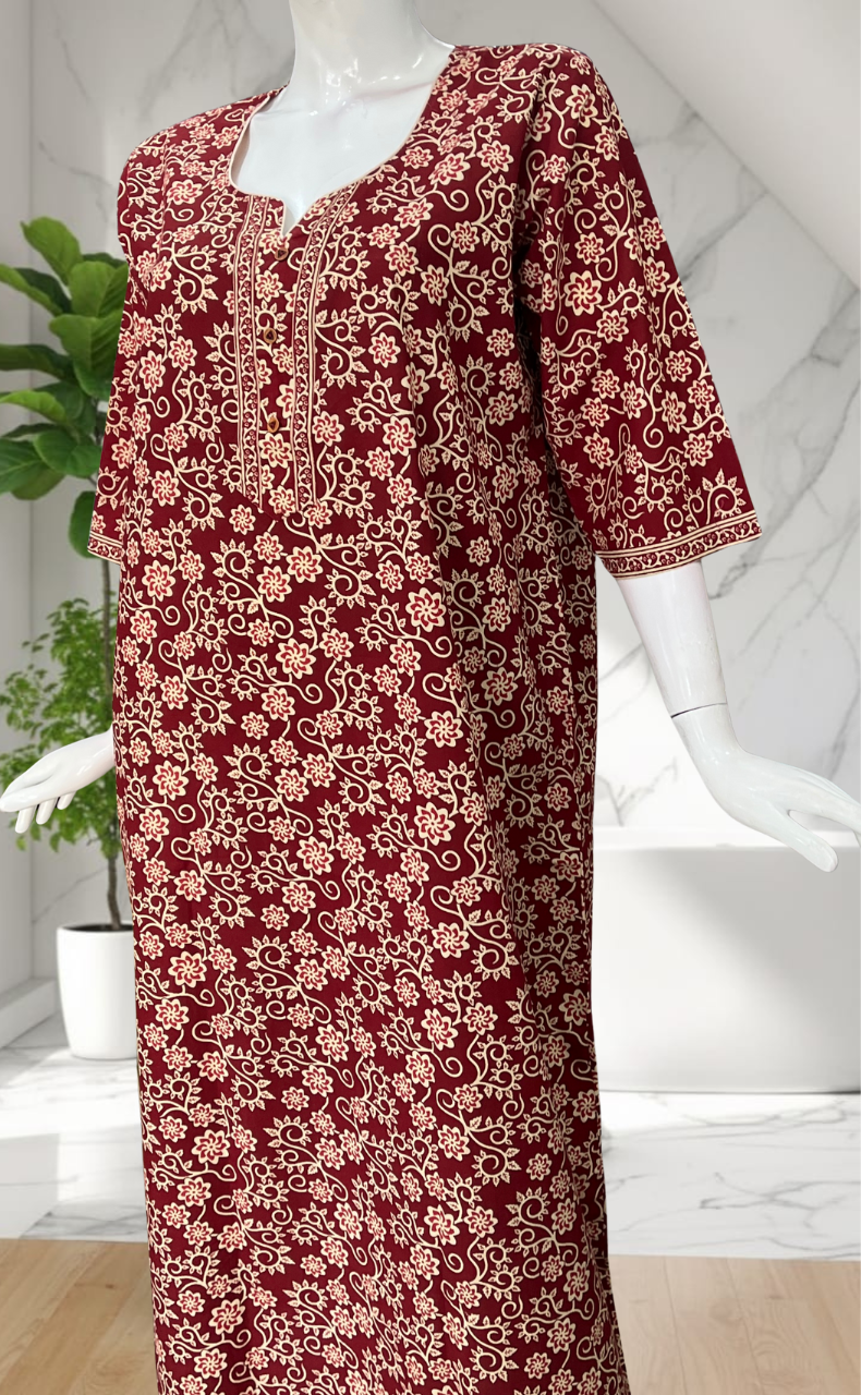 Maroon Garden Pure Cotton Long Sleeve Nighty. Pure Durable Cotton | Laces and Frills