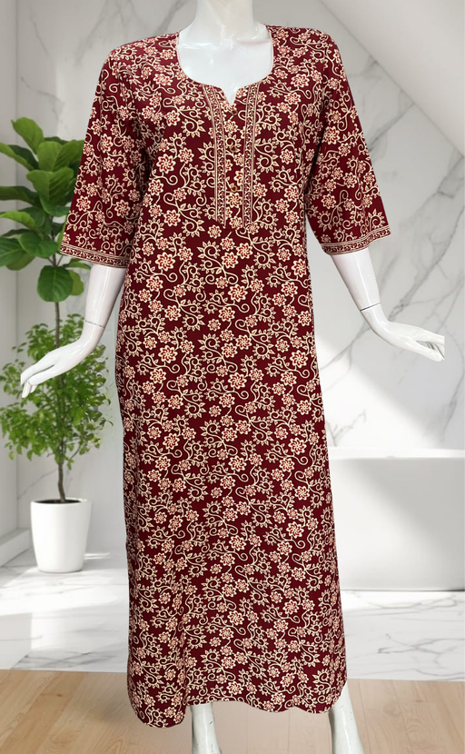 Maroon Garden Pure Cotton Long Sleeve Nighty. Pure Durable Cotton | Laces and Frills