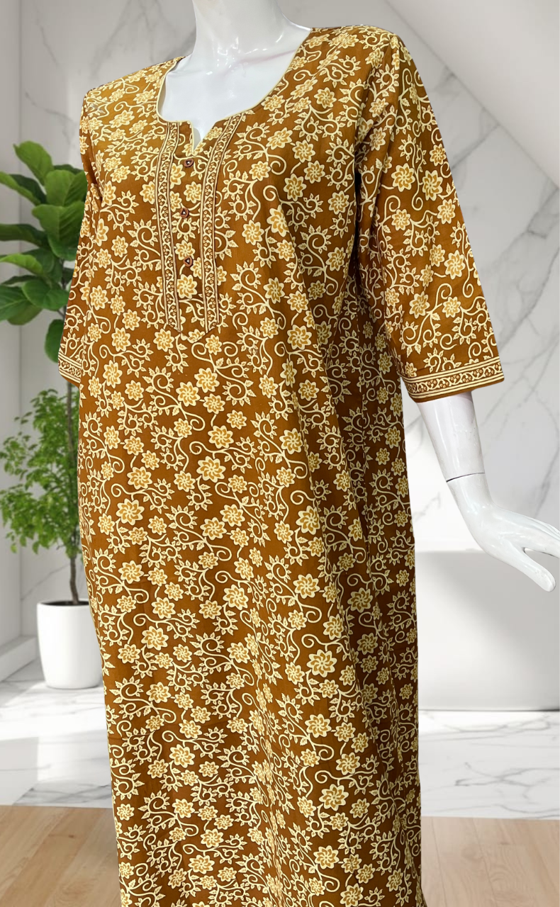 Mustard Pure Cotton Long Sleeve Nighty. Pure Durable Cotton | Laces and Frills