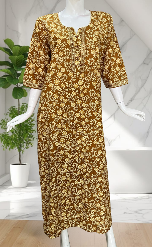 Mustard Pure Cotton Long Sleeve Nighty. Pure Durable Cotton | Laces and Frills
