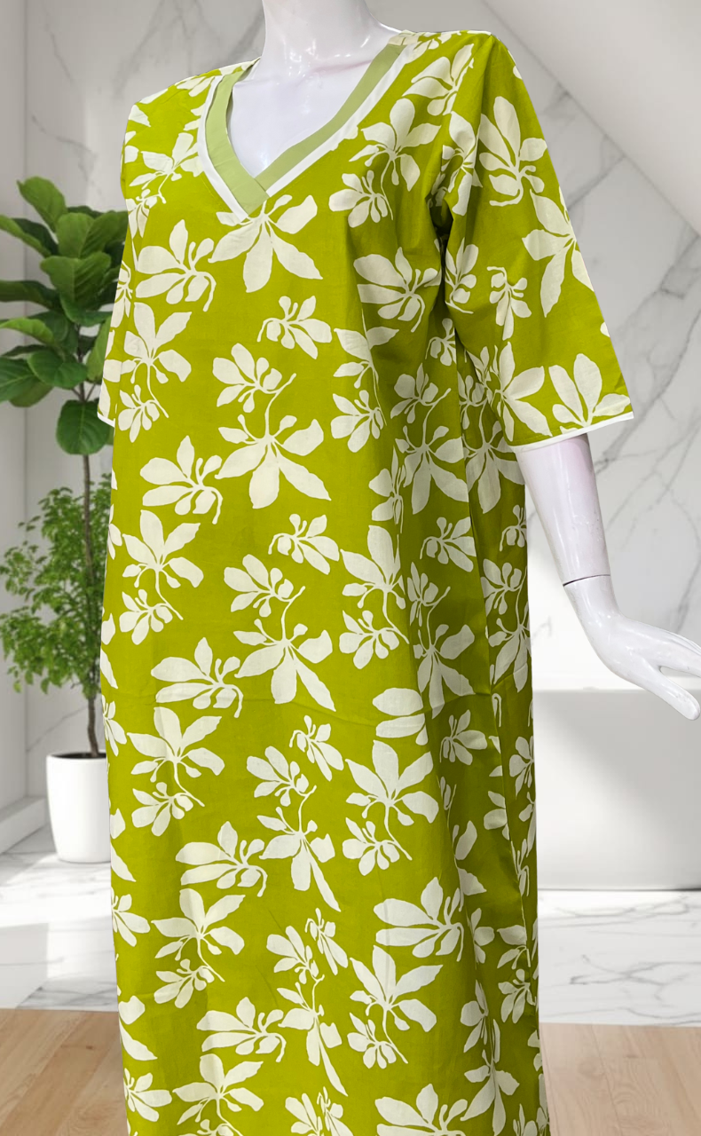 Lime Green Floral Pure Cotton Long Sleeve Nighty. Pure Durable Cotton | Laces and Frills