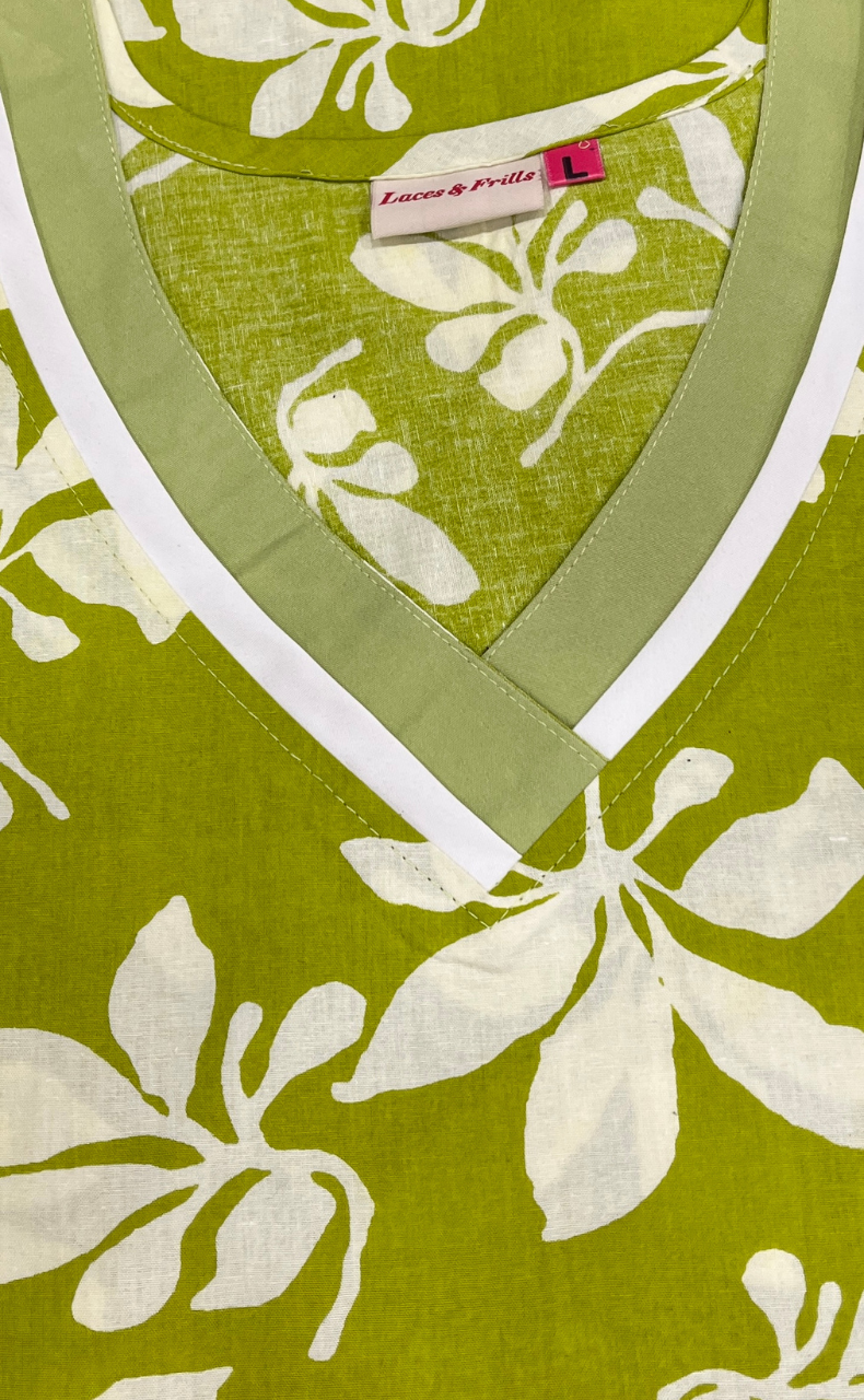 Lime Green Floral Pure Cotton Long Sleeve Nighty. Pure Durable Cotton | Laces and Frills