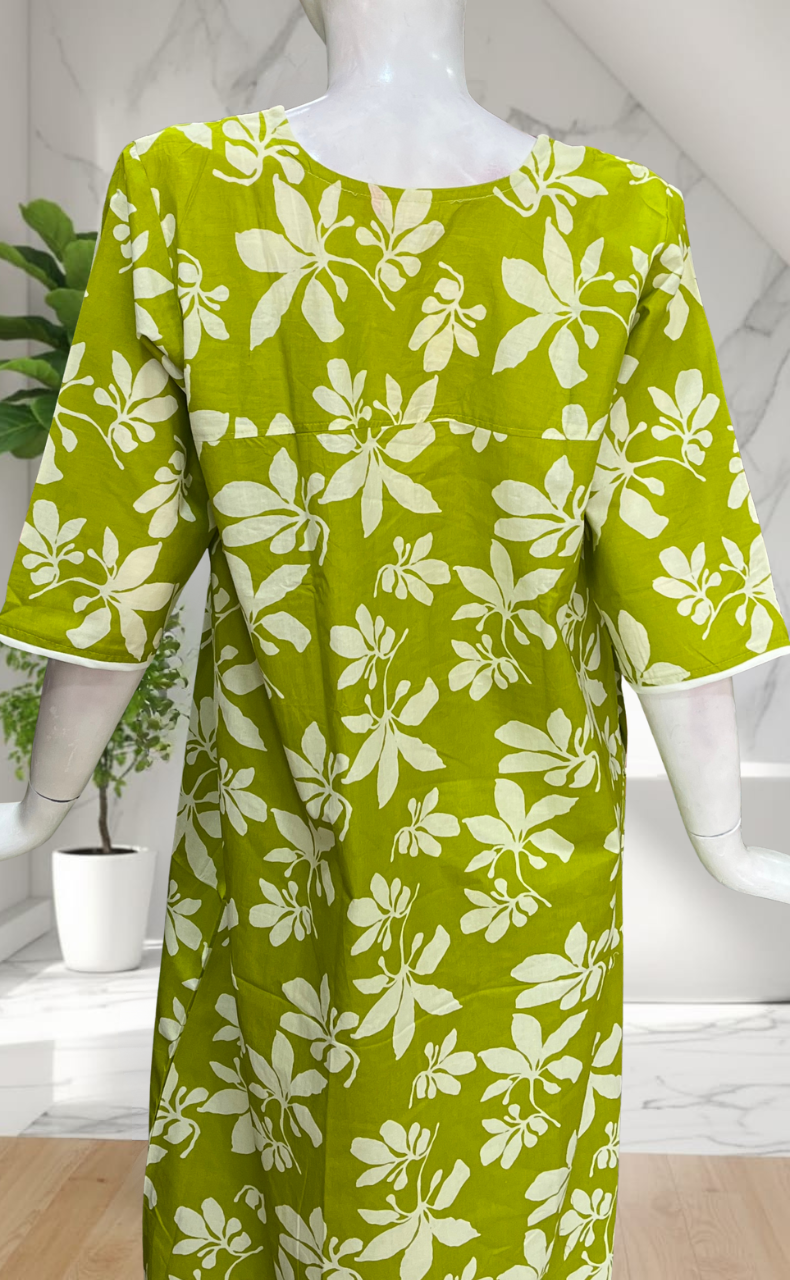 Lime Green Floral Pure Cotton Long Sleeve Nighty. Pure Durable Cotton | Laces and Frills