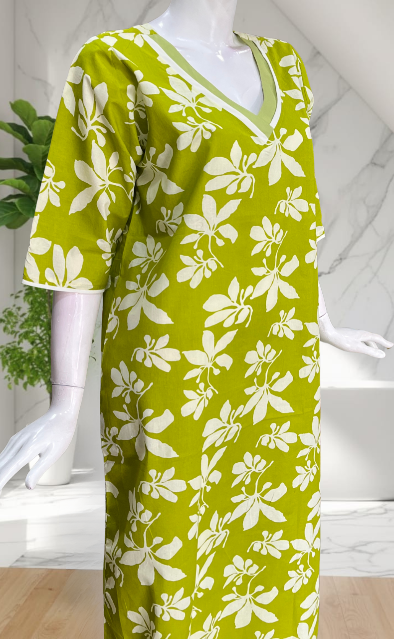 Lime Green Floral Pure Cotton Long Sleeve Nighty. Pure Durable Cotton | Laces and Frills