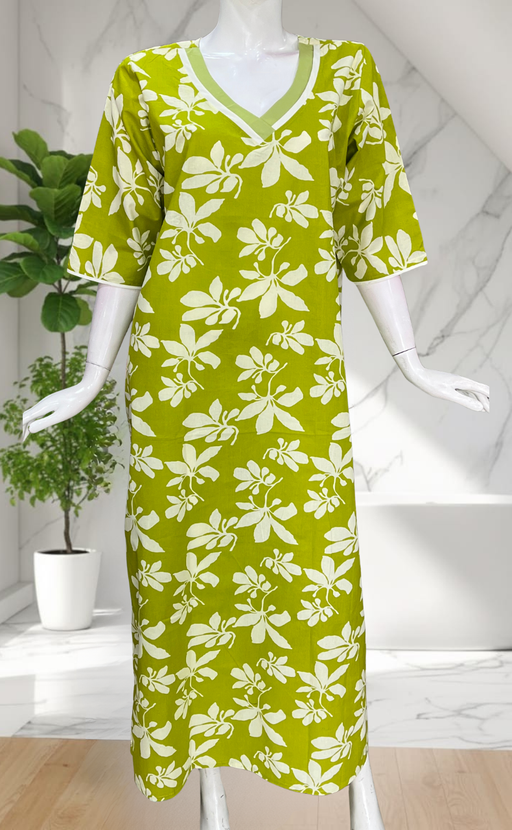 Lime Green Floral Pure Cotton Long Sleeve Nighty. Pure Durable Cotton | Laces and Frills