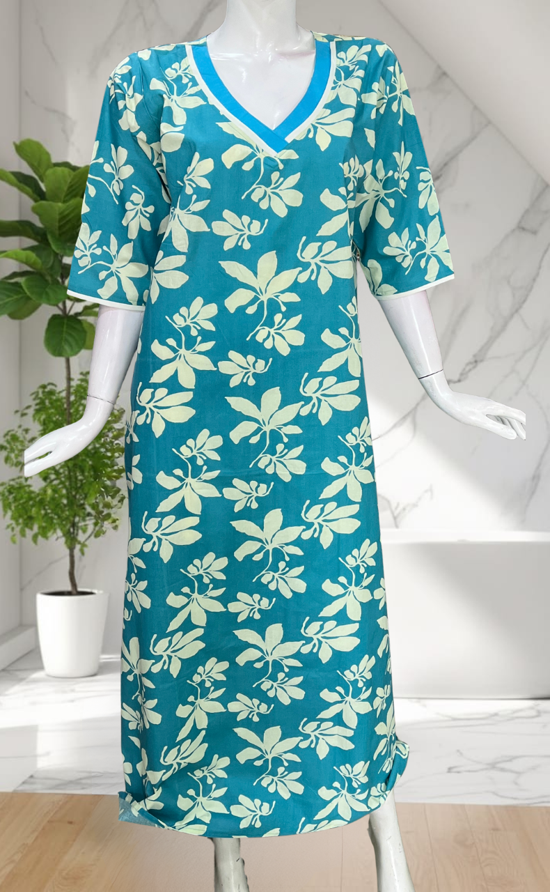 Sky Blue Floral Pure Cotton Long Sleeve Nighty. Pure Durable Cotton | Laces and Frills