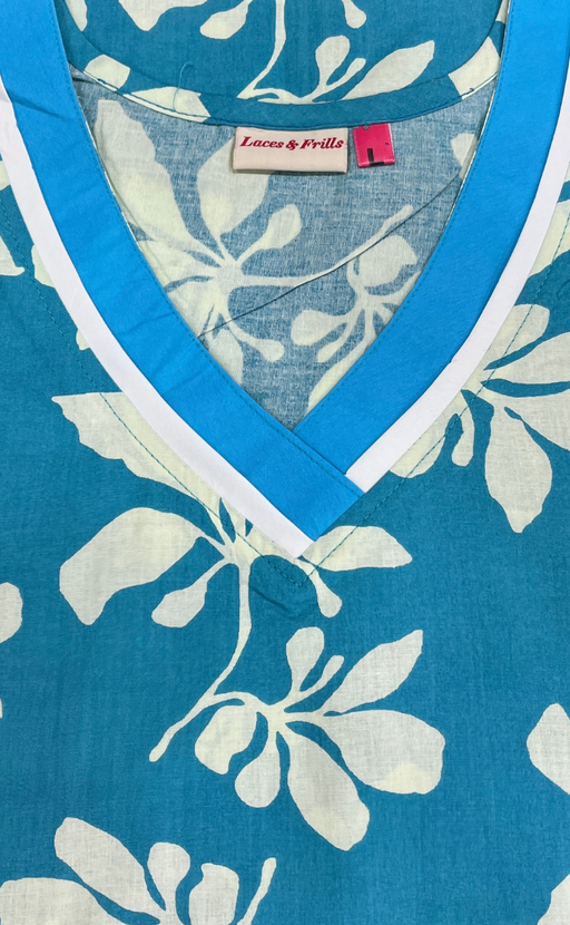 Sky Blue Floral Pure Cotton Long Sleeve Nighty. Pure Durable Cotton | Laces and Frills