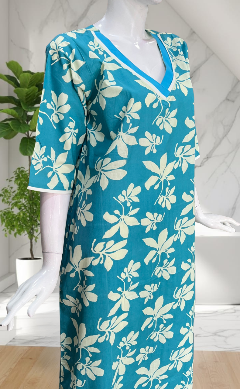 Sky Blue Floral Pure Cotton Long Sleeve Nighty. Pure Durable Cotton | Laces and Frills