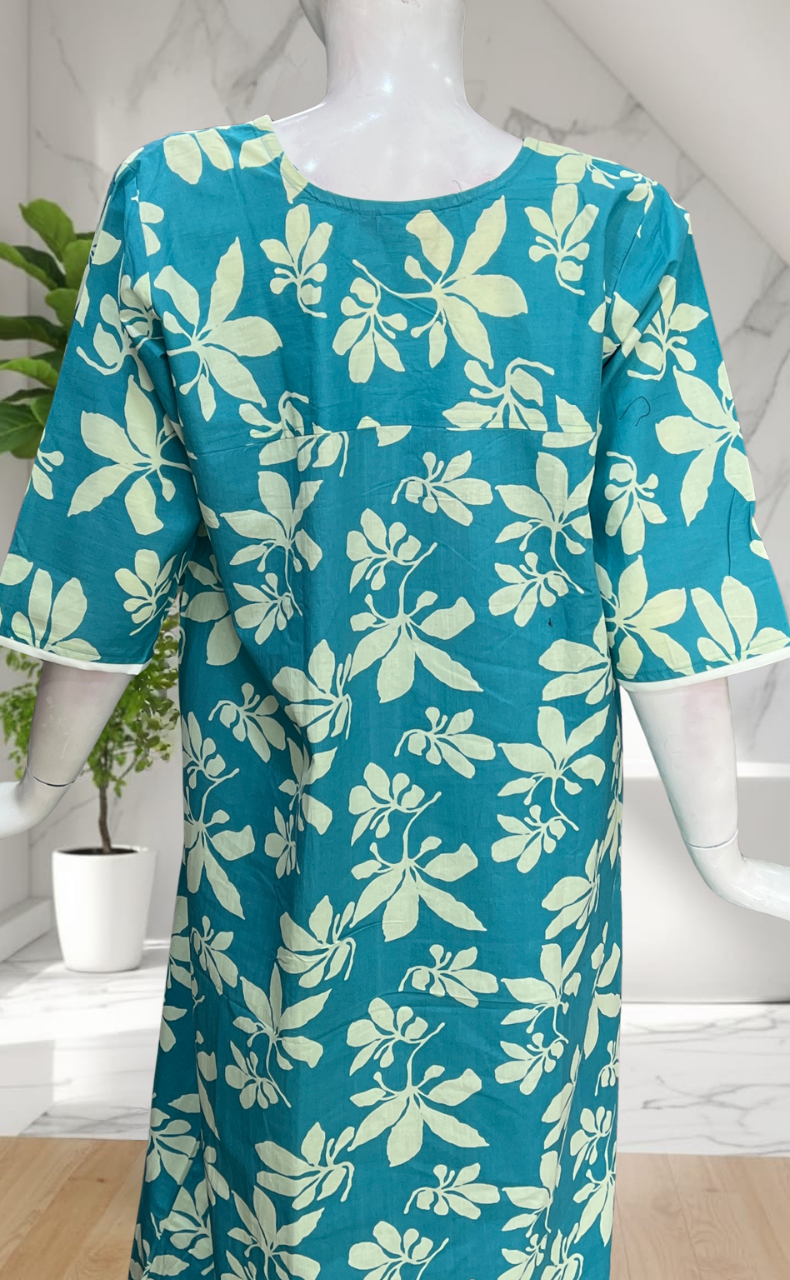 Sky Blue Floral Pure Cotton Long Sleeve Nighty. Pure Durable Cotton | Laces and Frills