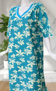 Sky Blue Floral Pure Cotton Long Sleeve Nighty. Pure Durable Cotton | Laces and Frills