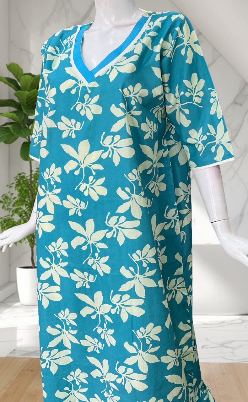 Sky Blue Floral Pure Cotton Long Sleeve Nighty. Pure Durable Cotton | Laces and Frills