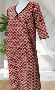 Maroon Flora Pure Cotton Long Sleeve Nighty. Pure Durable Cotton | Laces and Frills