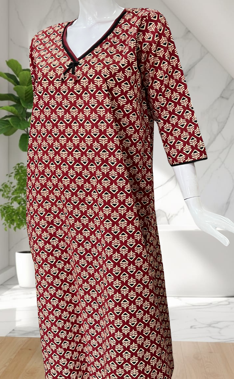 Maroon Flora Pure Cotton Long Sleeve Nighty. Pure Durable Cotton | Laces and Frills