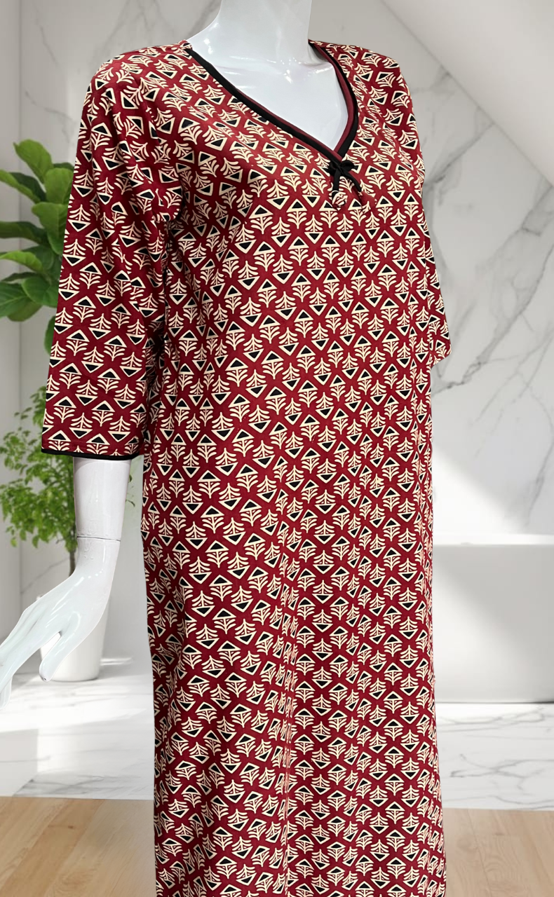 Maroon Flora Pure Cotton Long Sleeve Nighty. Pure Durable Cotton | Laces and Frills