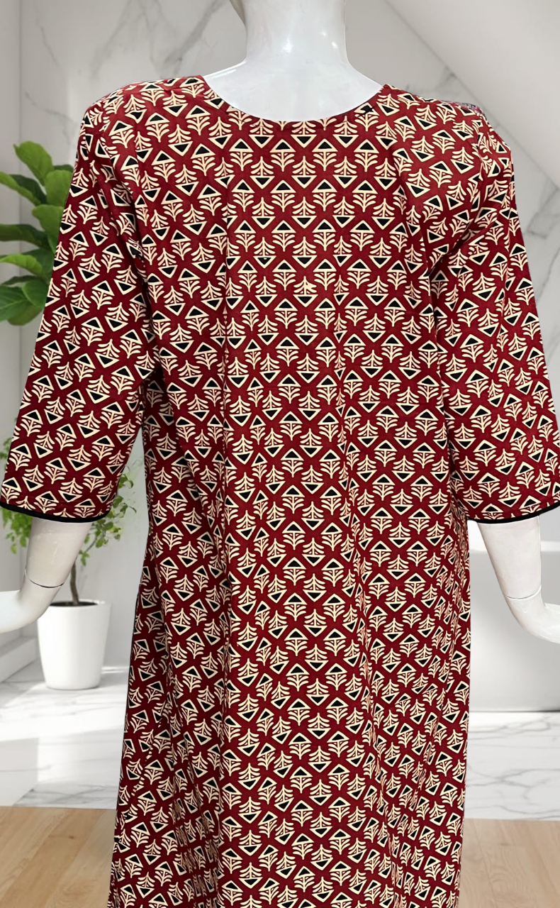 Maroon Flora Pure Cotton Long Sleeve Nighty. Pure Durable Cotton | Laces and Frills