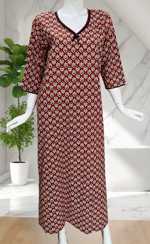 Maroon Flora Pure Cotton Long Sleeve Nighty. Pure Durable Cotton | Laces and Frills
