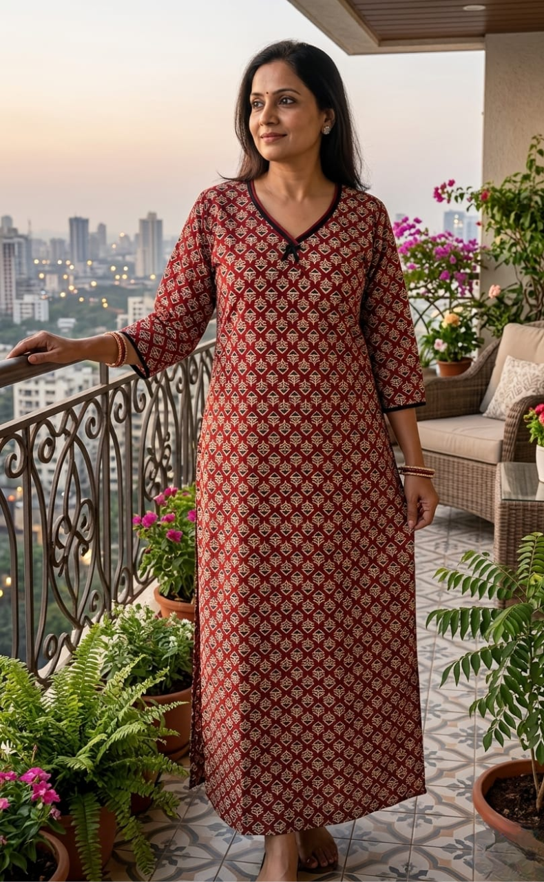 Maroon Flora Pure Cotton Long Sleeve Nighty. Pure Durable Cotton | Laces and Frills