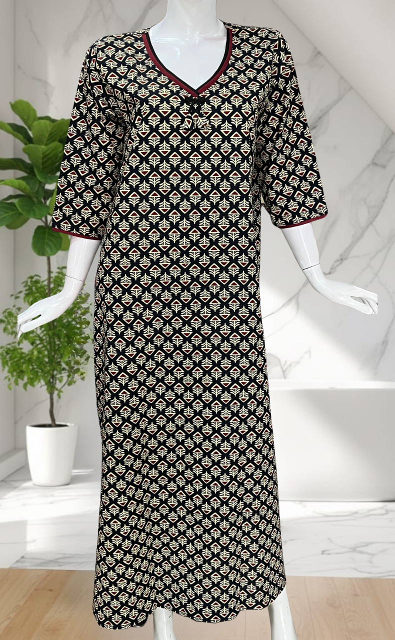 Black Flora Pure Cotton Long Sleeve Nighty. Pure Durable Cotton | Laces and Frills