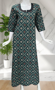 Teal Blue floral motifs Pure Cotton Long Sleeve Nighty. Pure Durable Cotton | Laces and Frills