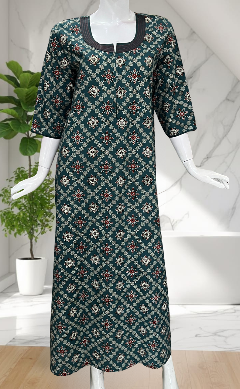 Teal Blue floral motifs Pure Cotton Long Sleeve Nighty. Pure Durable Cotton | Laces and Frills