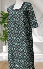 Teal Blue floral motifs Pure Cotton Long Sleeve Nighty. Pure Durable Cotton | Laces and Frills