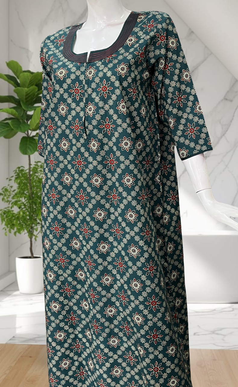 Teal Blue floral motifs Pure Cotton Long Sleeve Nighty. Pure Durable Cotton | Laces and Frills