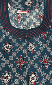 Teal Blue floral motifs Pure Cotton Long Sleeve Nighty. Pure Durable Cotton | Laces and Frills
