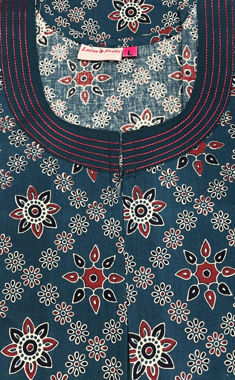Teal Blue floral motifs Pure Cotton Long Sleeve Nighty. Pure Durable Cotton | Laces and Frills