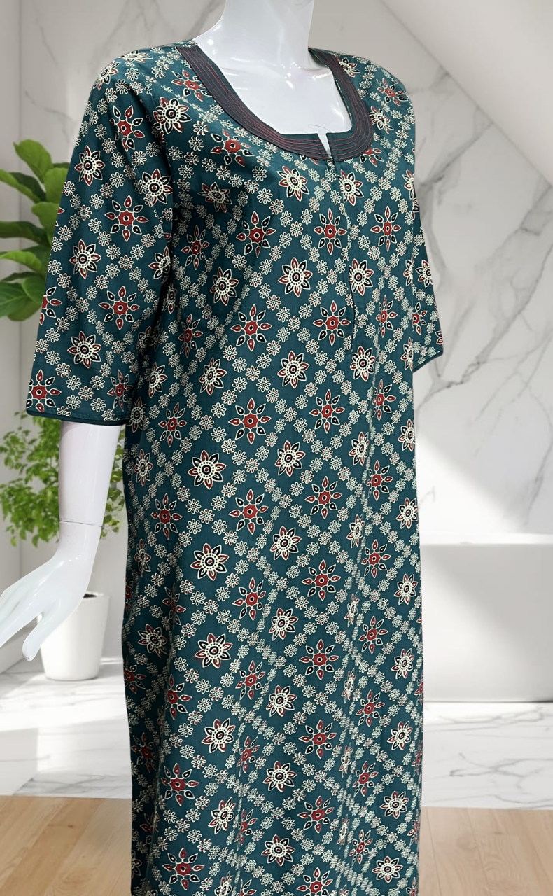Teal Blue floral motifs Pure Cotton Long Sleeve Nighty. Pure Durable Cotton | Laces and Frills
