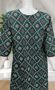 Teal Blue floral motifs Pure Cotton Long Sleeve Nighty. Pure Durable Cotton | Laces and Frills