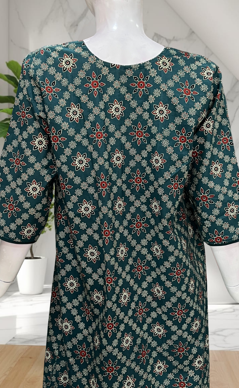 Teal Blue floral motifs Pure Cotton Long Sleeve Nighty. Pure Durable Cotton | Laces and Frills