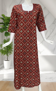 Maroon Floral Motifs Pure Cotton Long Sleeve Nighty. Pure Durable Cotton | Laces and Frills