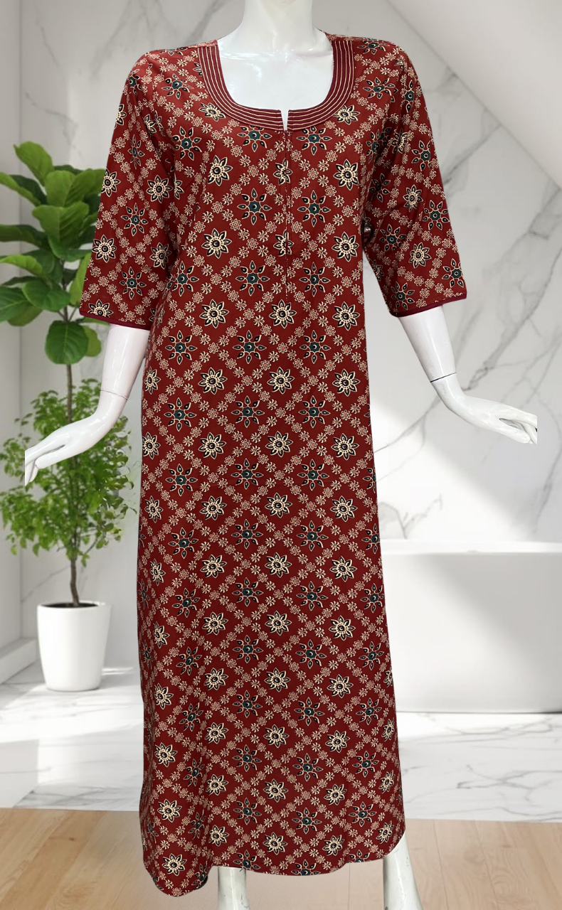 Maroon Floral Motifs Pure Cotton Long Sleeve Nighty. Pure Durable Cotton | Laces and Frills