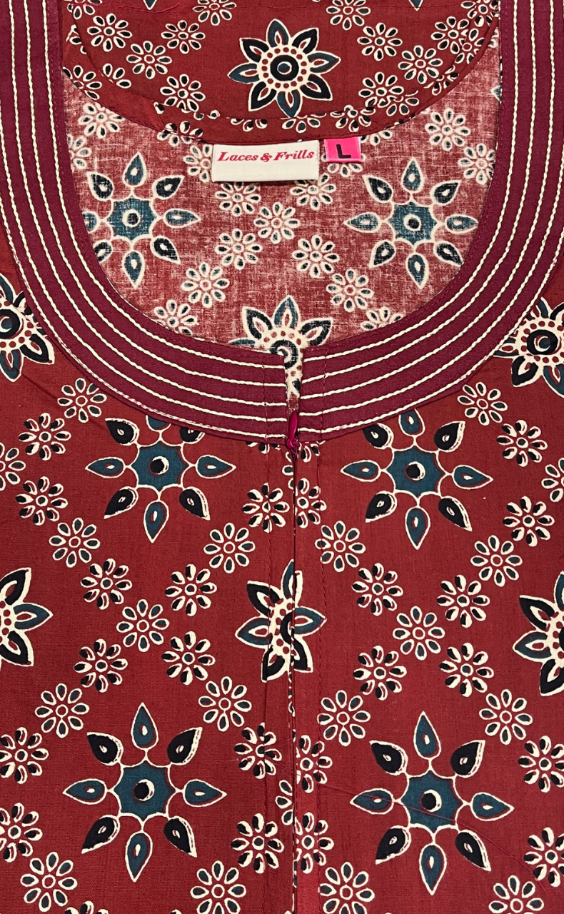 Maroon Floral Motifs Pure Cotton Long Sleeve Nighty. Pure Durable Cotton | Laces and Frills