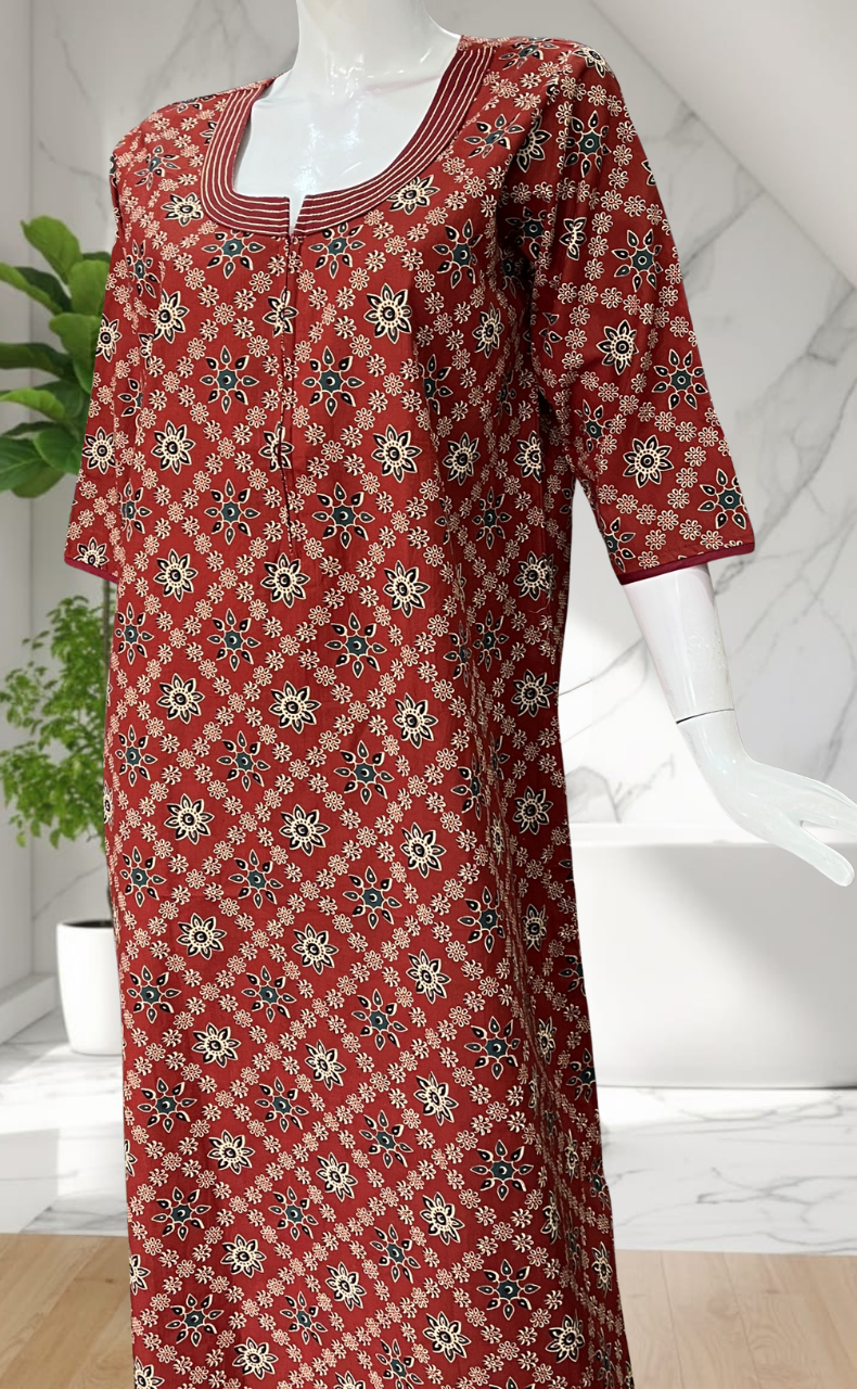 Maroon Floral Motifs Pure Cotton Long Sleeve Nighty. Pure Durable Cotton | Laces and Frills