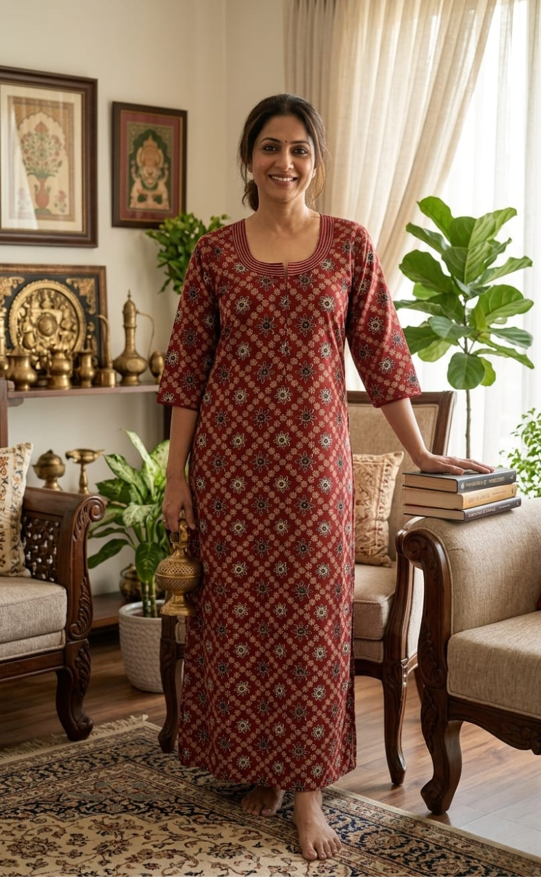 Maroon Floral Motifs Pure Cotton Long Sleeve Nighty. Pure Durable Cotton | Laces and Frills