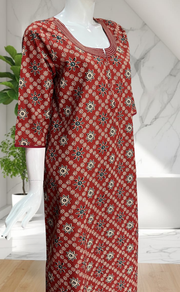 Maroon Floral Motifs Pure Cotton Long Sleeve Nighty. Pure Durable Cotton | Laces and Frills