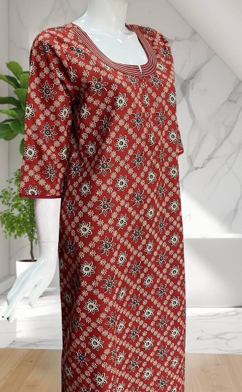 Maroon Floral Motifs Pure Cotton Long Sleeve Nighty. Pure Durable Cotton | Laces and Frills