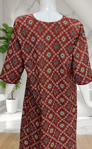 Maroon Floral Motifs Pure Cotton Long Sleeve Nighty. Pure Durable Cotton | Laces and Frills