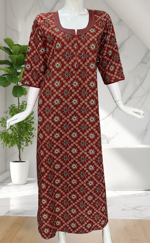 Maroon Floral Motifs Pure Cotton Long Sleeve Nighty. Pure Durable Cotton | Laces and Frills