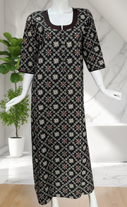 Black Floral Motifs Pure Cotton Long Sleeve Nighty. Pure Durable Cotton | Laces and Frills